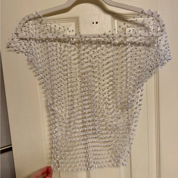 Mesh Rhinestone Sheer See Through Crop Top/Bikini Cover Up - Picture 2 of 5